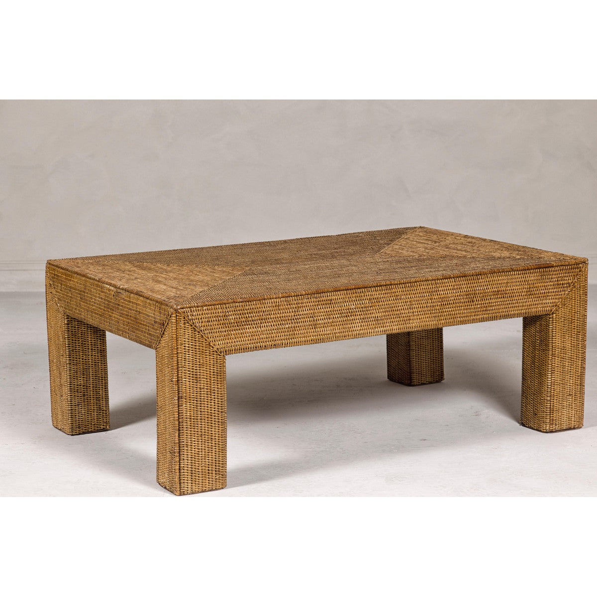 Country Style Midcentury Woven Rattan Light Brown Parsons Leg Coffee Table-9. Asian & Chinese Furniture, Art, Antiques, Vintage Home Décor for sale at FEA Home