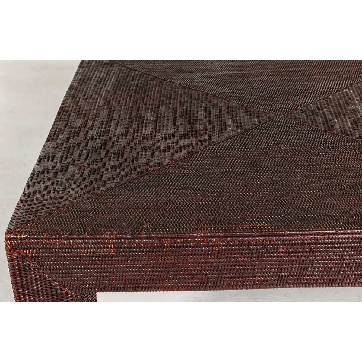 Midcentury Vintage Woven Rattan Dark Brown Parsons Leg Rattan Coffee Table-10. Asian & Chinese Furniture, Art, Antiques, Vintage Home Décor for sale at FEA Home