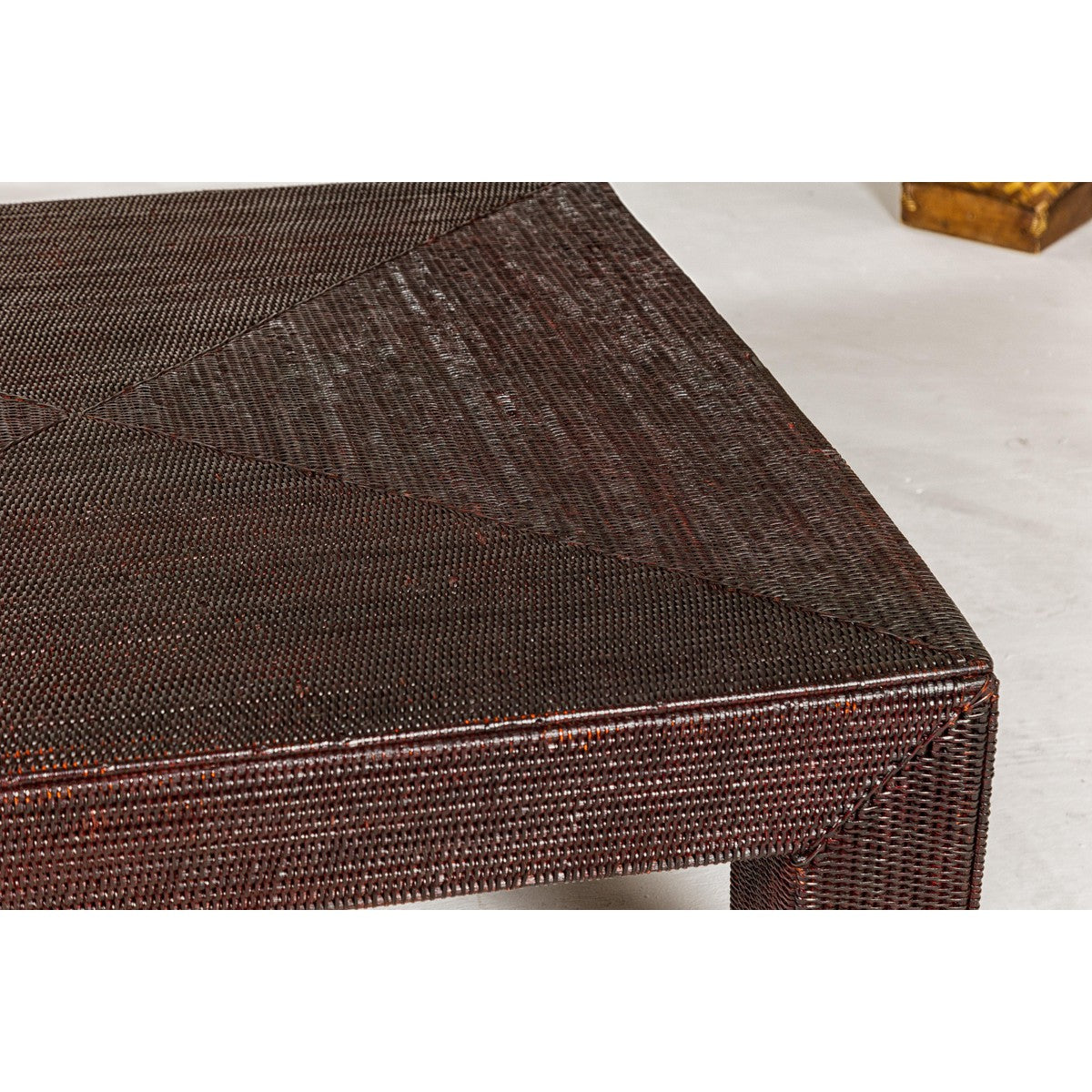Midcentury Vintage Woven Rattan Dark Brown Parsons Leg Rattan Coffee Table-11. Asian & Chinese Furniture, Art, Antiques, Vintage Home Décor for sale at FEA Home