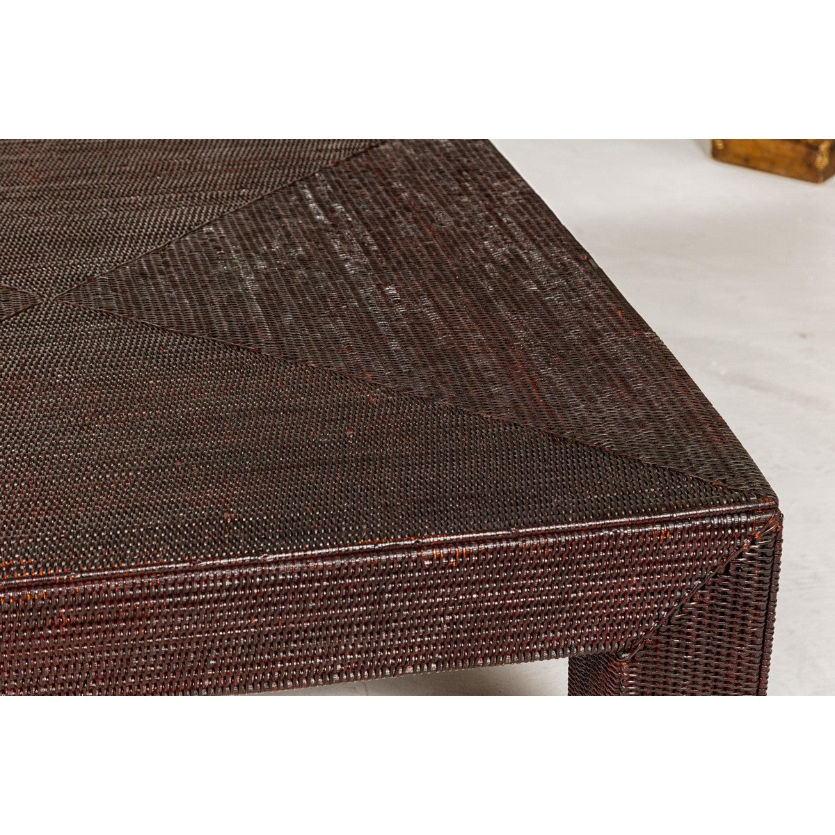 Midcentury Vintage Woven Rattan Dark Brown Parsons Leg Rattan Coffee Table-13. Asian & Chinese Furniture, Art, Antiques, Vintage Home Décor for sale at FEA Home