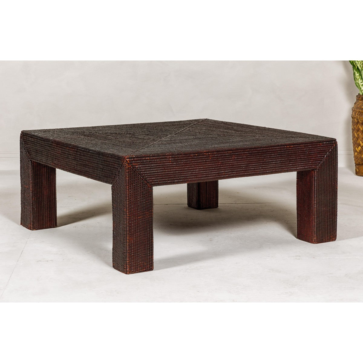 Midcentury Vintage Woven Rattan Dark Brown Parsons Leg Rattan Coffee Table-14. Asian & Chinese Furniture, Art, Antiques, Vintage Home Décor for sale at FEA Home