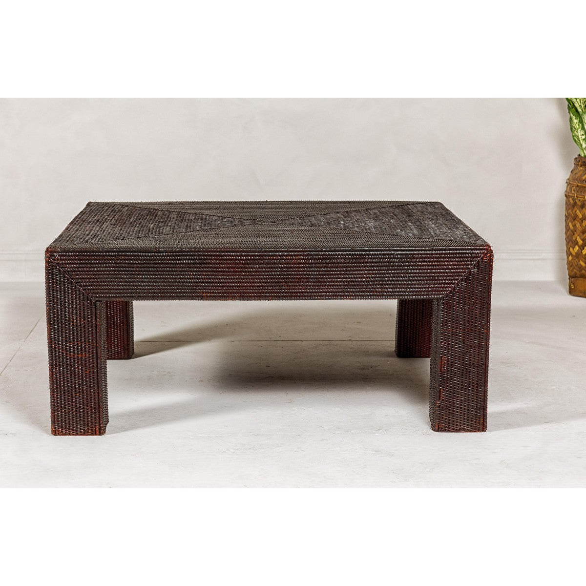 Midcentury Vintage Woven Rattan Dark Brown Parsons Leg Rattan Coffee Table-15. Asian & Chinese Furniture, Art, Antiques, Vintage Home Décor for sale at FEA Home