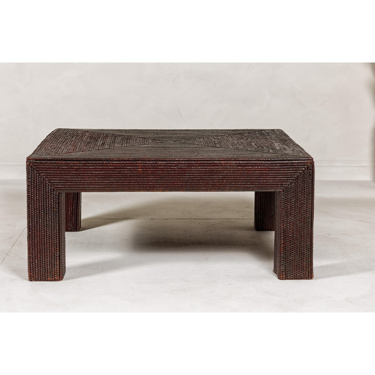 Midcentury Vintage Woven Rattan Dark Brown Parsons Leg Rattan Coffee Table-16. Asian & Chinese Furniture, Art, Antiques, Vintage Home Décor for sale at FEA Home