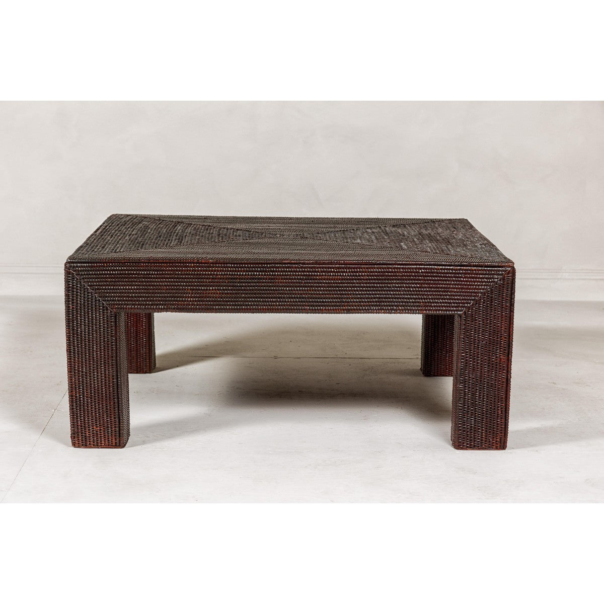 Midcentury Vintage Woven Rattan Dark Brown Parsons Leg Rattan Coffee Table-17. Asian & Chinese Furniture, Art, Antiques, Vintage Home Décor for sale at FEA Home