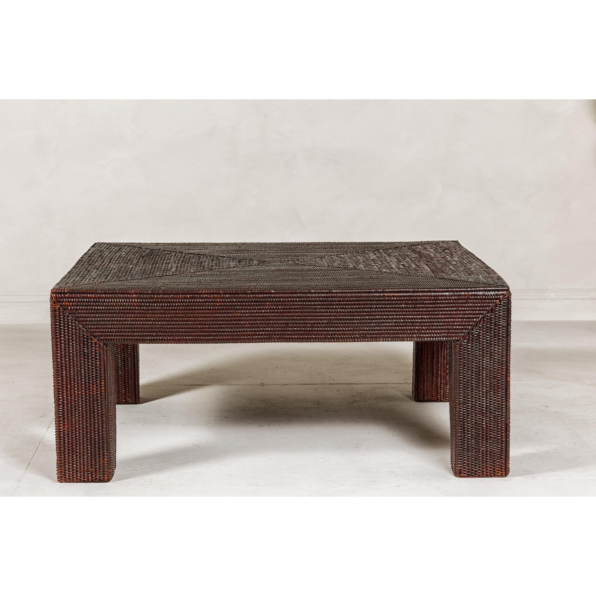 Midcentury Vintage Woven Rattan Dark Brown Parsons Leg Rattan Coffee Table-3. Asian & Chinese Furniture, Art, Antiques, Vintage Home Décor for sale at FEA Home