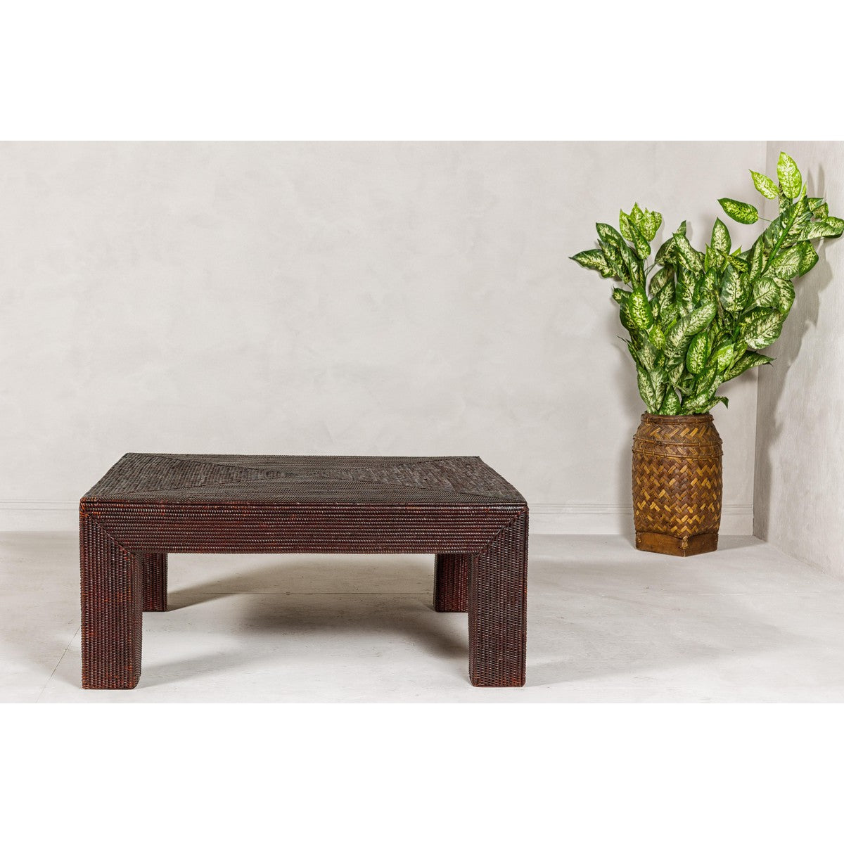 Midcentury Vintage Woven Rattan Dark Brown Parsons Leg Rattan Coffee Table-4. Asian & Chinese Furniture, Art, Antiques, Vintage Home Décor for sale at FEA Home