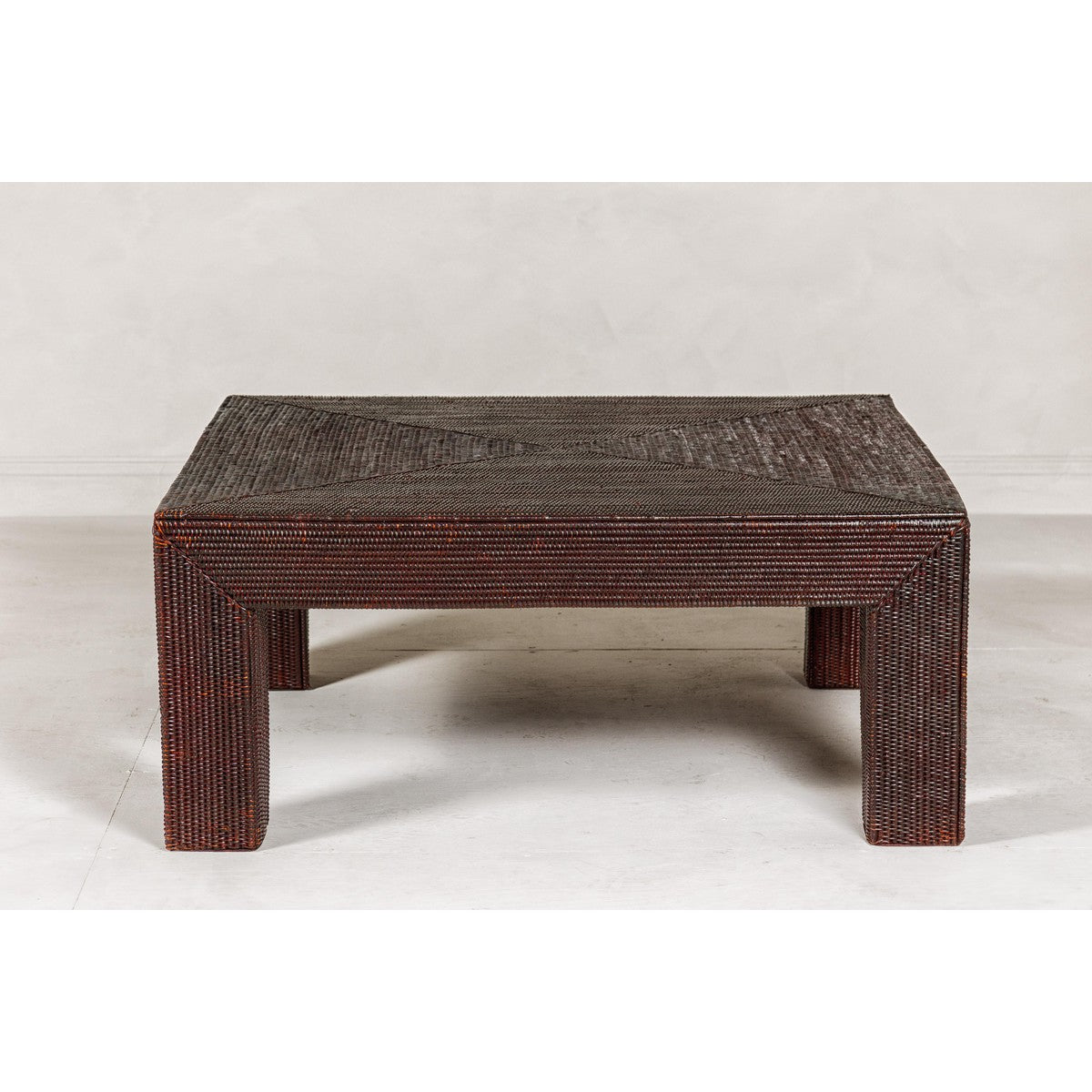 Midcentury Vintage Woven Rattan Dark Brown Parsons Leg Rattan Coffee Table-5. Asian & Chinese Furniture, Art, Antiques, Vintage Home Décor for sale at FEA Home