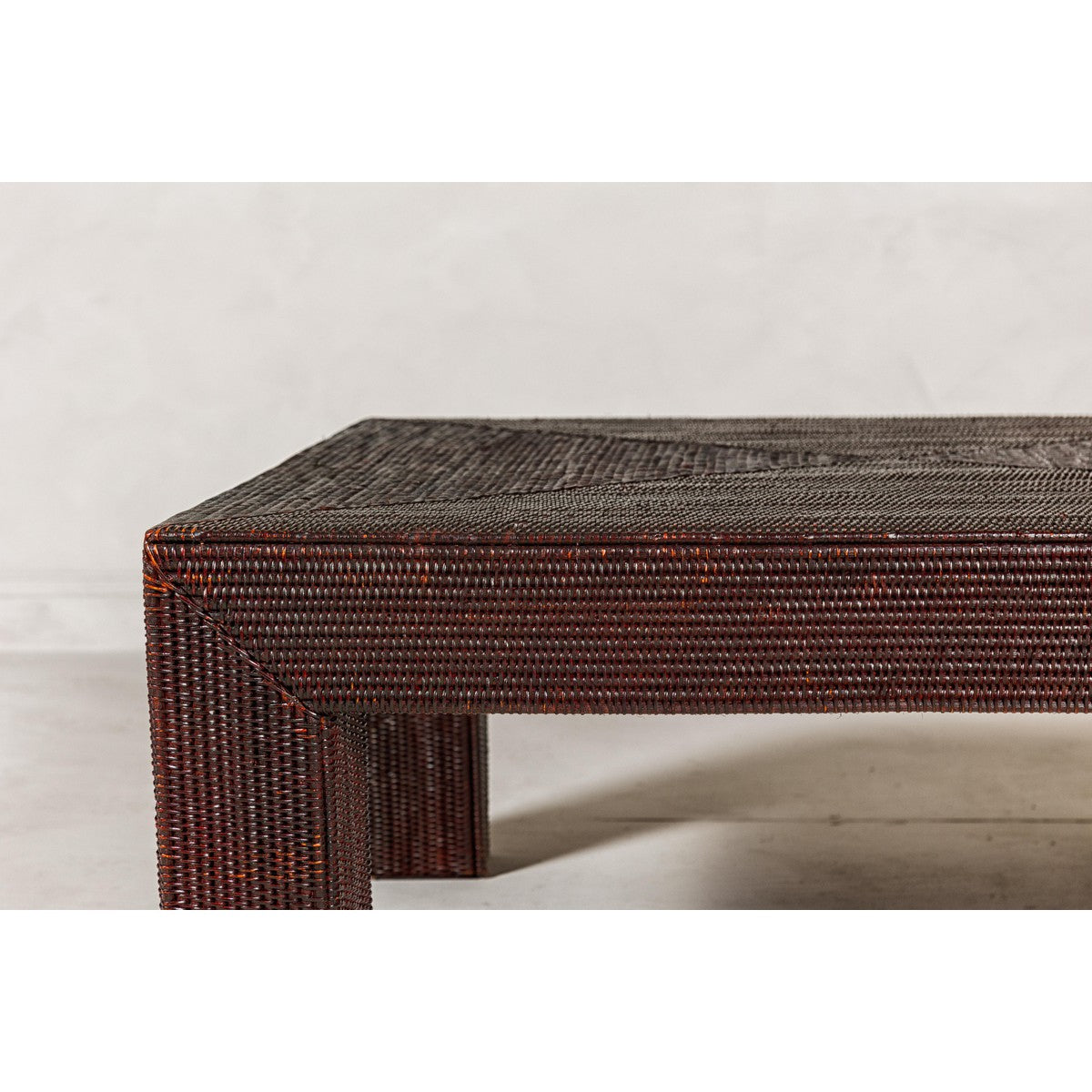 Midcentury Vintage Woven Rattan Dark Brown Parsons Leg Rattan Coffee Table-6. Asian & Chinese Furniture, Art, Antiques, Vintage Home Décor for sale at FEA Home