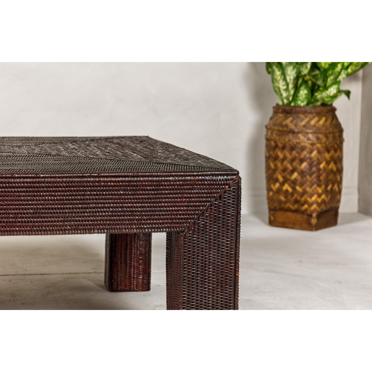 Midcentury Vintage Woven Rattan Dark Brown Parsons Leg Rattan Coffee Table-7. Asian & Chinese Furniture, Art, Antiques, Vintage Home Décor for sale at FEA Home