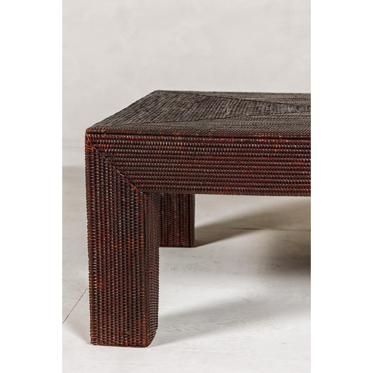 Midcentury Vintage Woven Rattan Dark Brown Parsons Leg Rattan Coffee Table-8. Asian & Chinese Furniture, Art, Antiques, Vintage Home Décor for sale at FEA Home