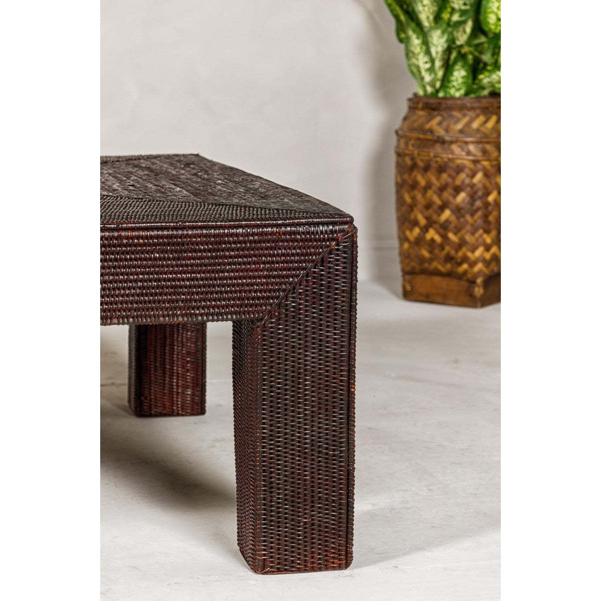 Midcentury Vintage Woven Rattan Dark Brown Parsons Leg Rattan Coffee Table-9. Asian & Chinese Furniture, Art, Antiques, Vintage Home Décor for sale at FEA Home