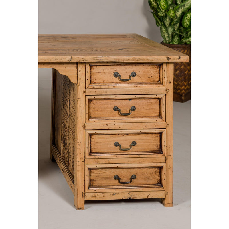 Teak Kneehole Desk with Eight Drawers and Custom Bleached Finish-YN7991-10. Asian & Chinese Furniture, Art, Antiques, Vintage Home Décor for sale at FEA Home