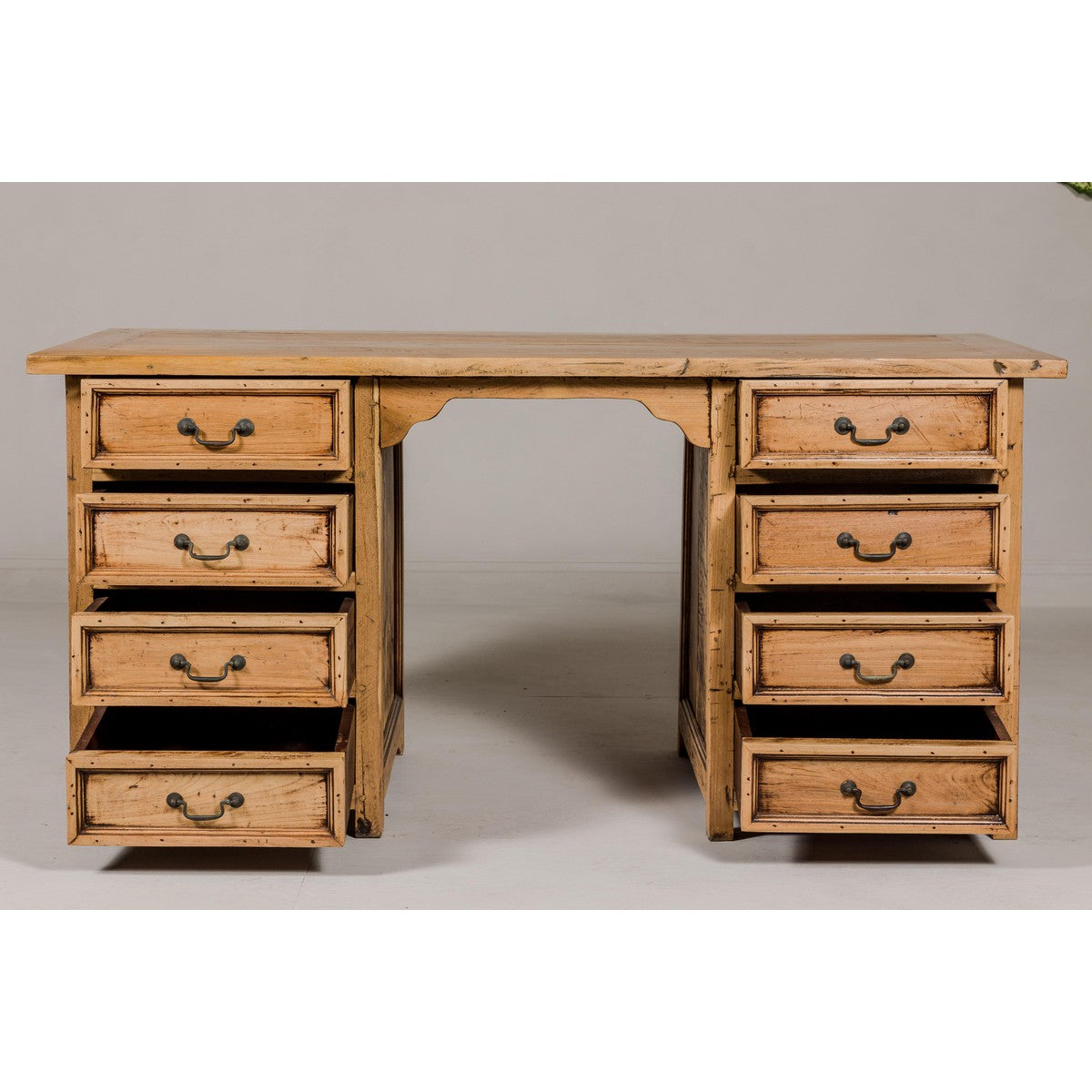 Teak Kneehole Desk with Eight Drawers and Custom Bleached Finish-4. Asian & Chinese Furniture, Art, Antiques, Vintage Home Décor for sale at FEA Home