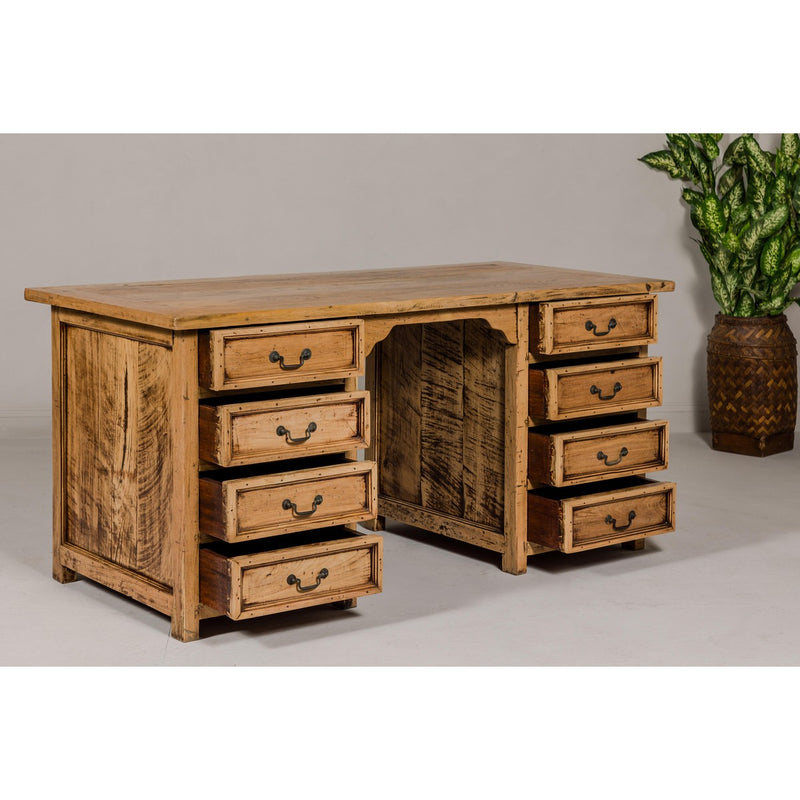 Teak Kneehole Desk with Eight Drawers and Custom Bleached Finish-YN7991-13. Asian & Chinese Furniture, Art, Antiques, Vintage Home Décor for sale at FEA Home