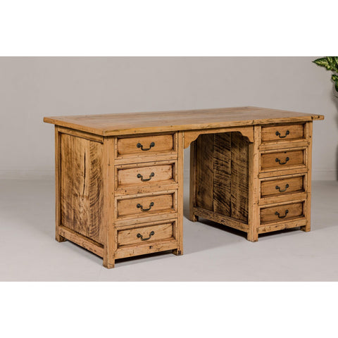 Teak Kneehole Desk with Eight Drawers and Custom Bleached Finish-YN7991-15. Asian & Chinese Furniture, Art, Antiques, Vintage Home Décor for sale at FEA Home