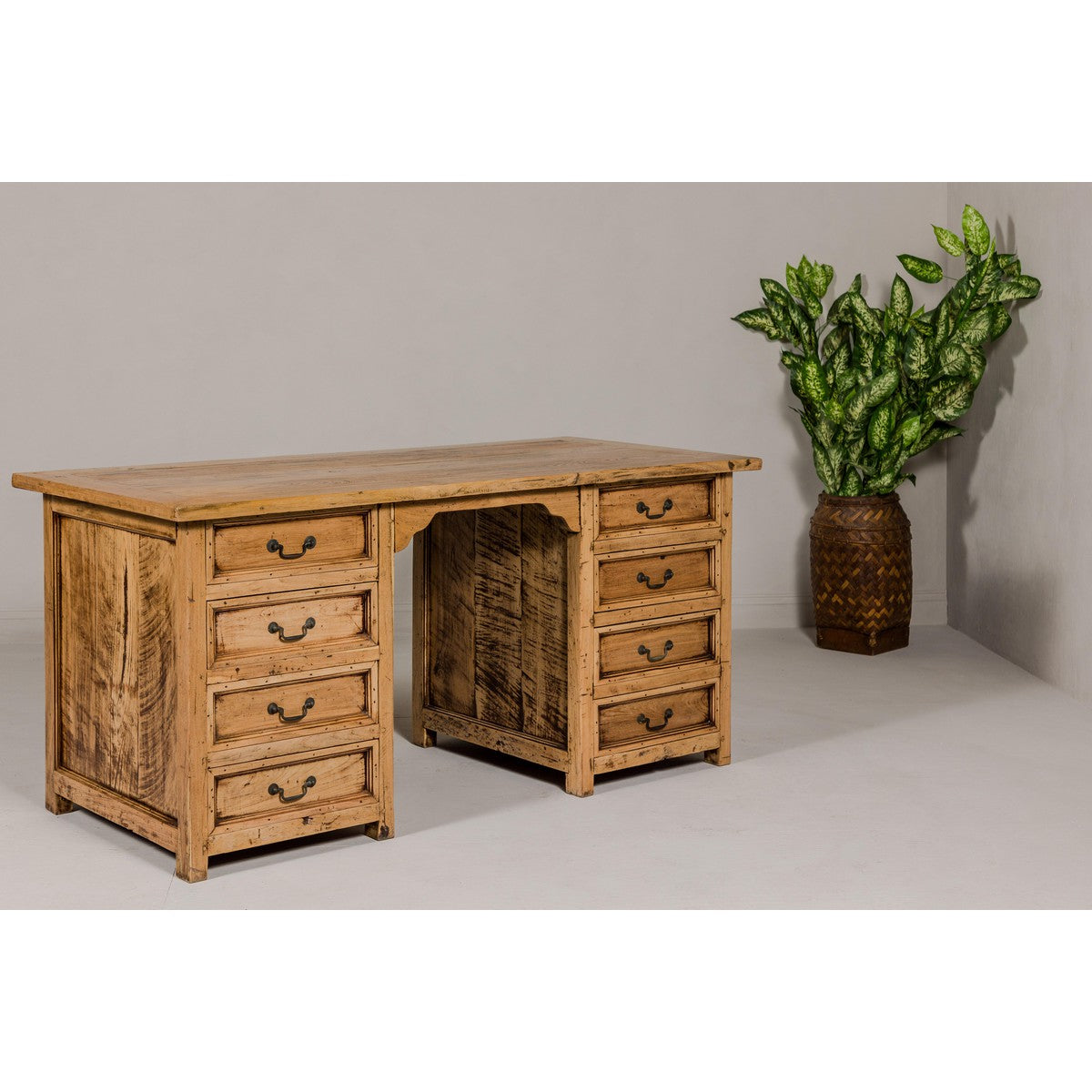 Teak Kneehole Desk with Eight Drawers and Custom Bleached Finish-16. Asian & Chinese Furniture, Art, Antiques, Vintage Home Décor for sale at FEA Home