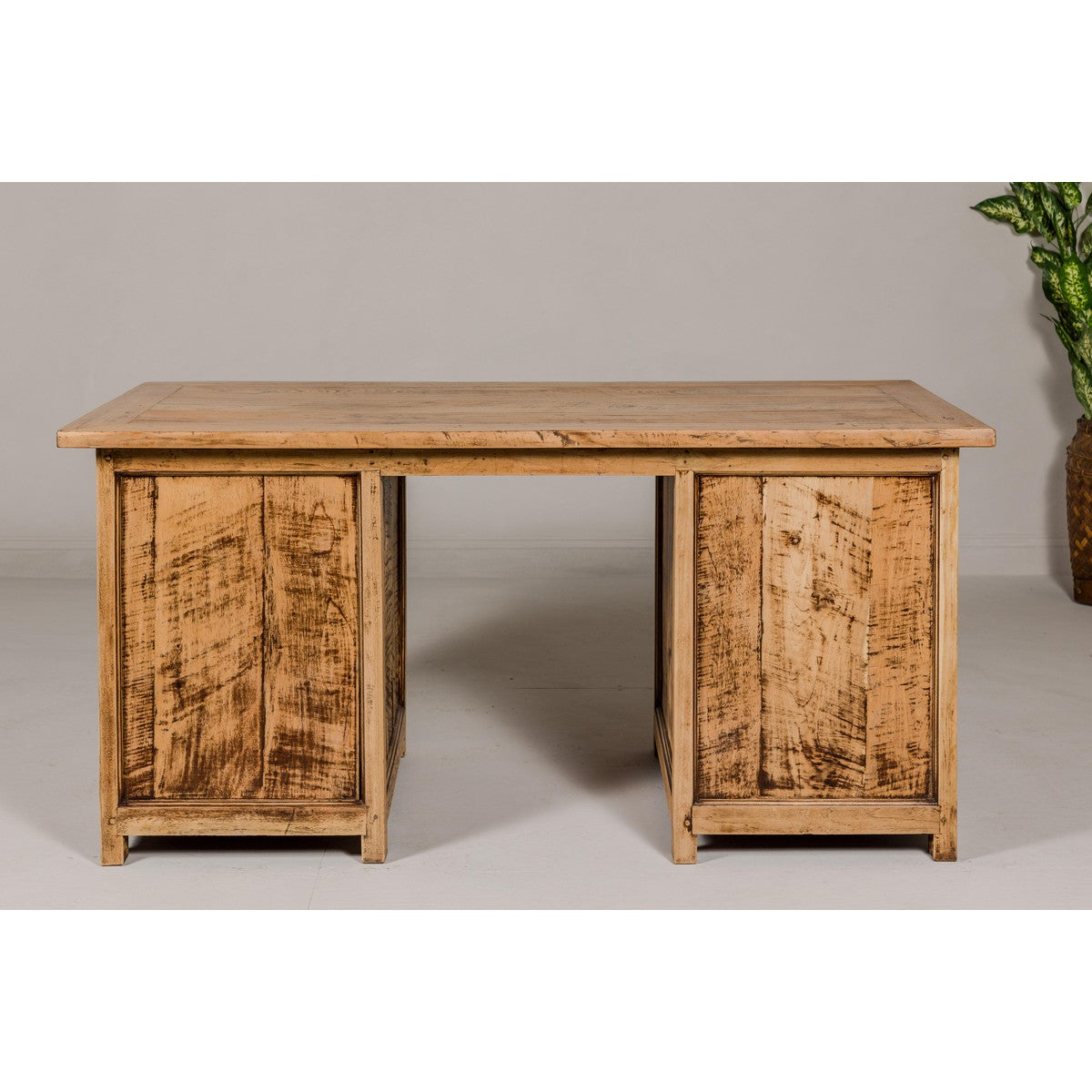 Teak Kneehole Desk with Eight Drawers and Custom Bleached Finish-19. Asian & Chinese Furniture, Art, Antiques, Vintage Home Décor for sale at FEA Home