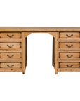 Light bleached teak desk with eight drawers and metal handles, front view showing full kneehole design.
