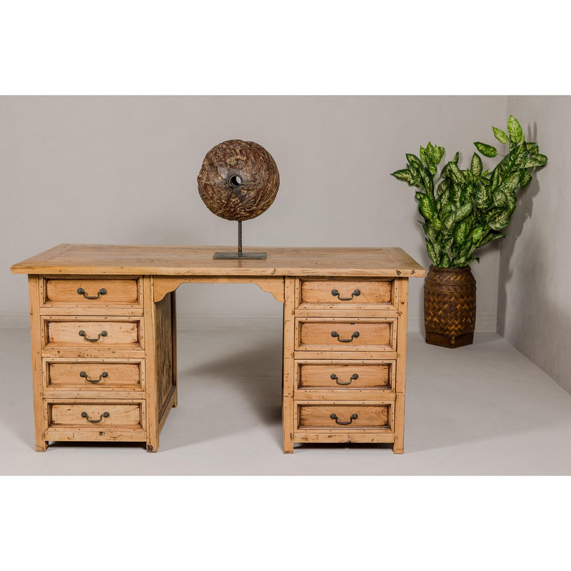 Teak Kneehole Desk with Eight Drawers and Custom Bleached Finish-YN7991-2. Asian & Chinese Furniture, Art, Antiques, Vintage Home Décor for sale at FEA Home