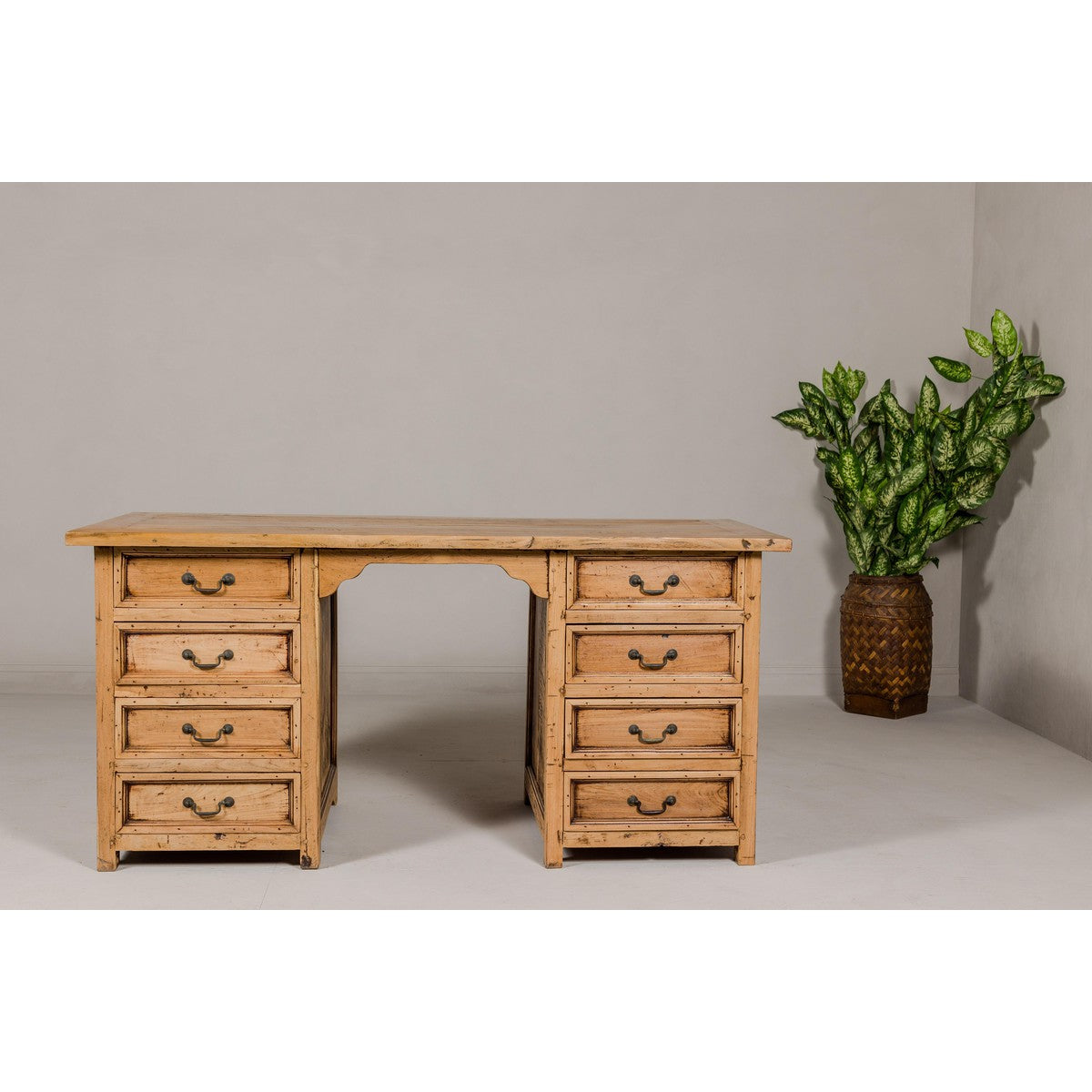 Teak Kneehole Desk with Eight Drawers and Custom Bleached Finish-6. Asian & Chinese Furniture, Art, Antiques, Vintage Home Décor for sale at FEA Home