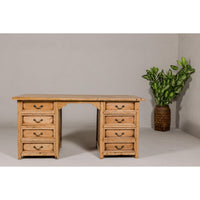Teak Kneehole Desk with Eight Drawers and Custom Bleached Finish
