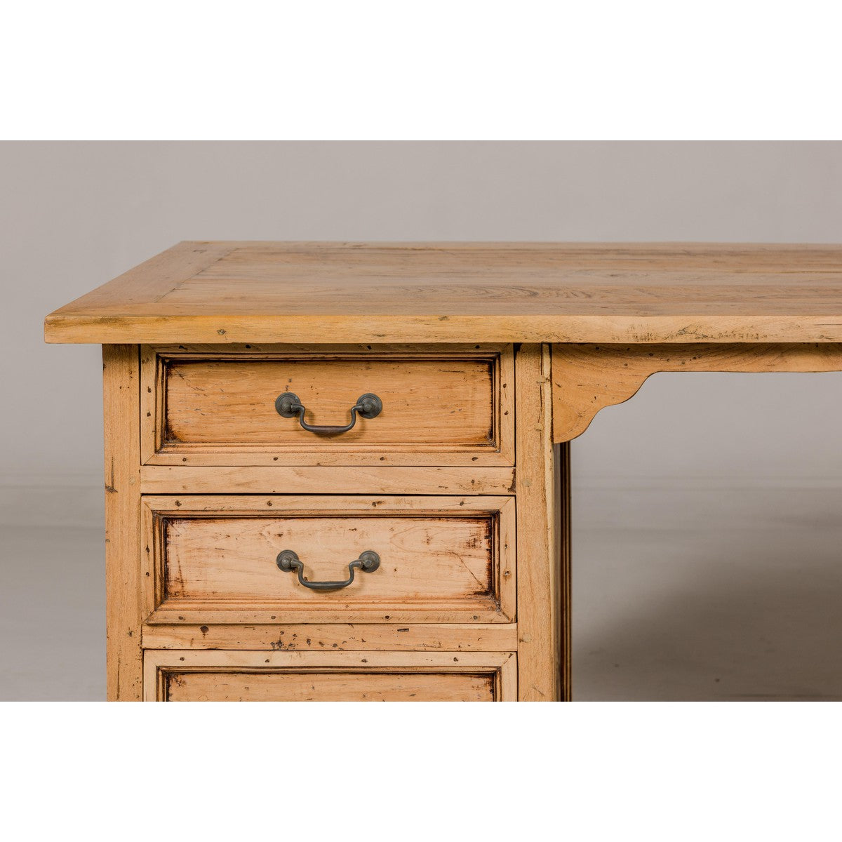 Teak Kneehole Desk with Eight Drawers and Custom Bleached Finish-8. Asian & Chinese Furniture, Art, Antiques, Vintage Home Décor for sale at FEA Home
