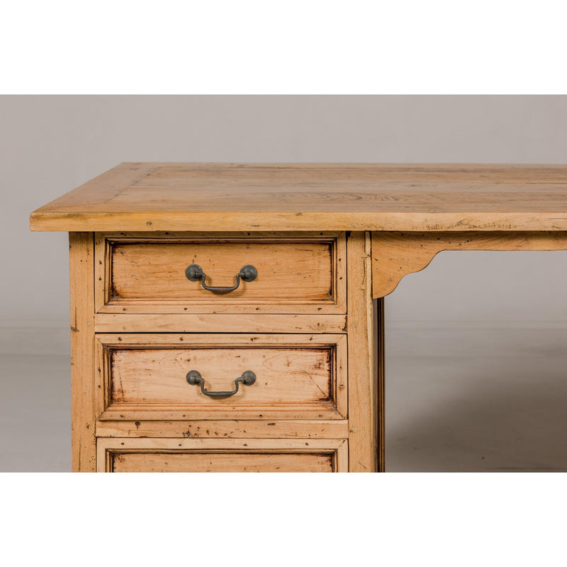 Teak Kneehole Desk with Eight Drawers and Custom Bleached Finish-YN7991-5. Asian & Chinese Furniture, Art, Antiques, Vintage Home Décor for sale at FEA Home