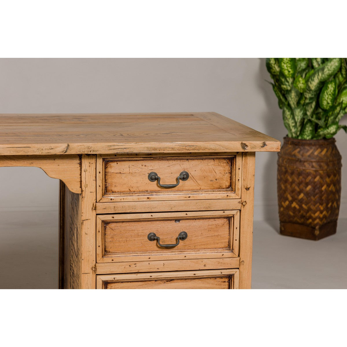 Teak Kneehole Desk with Eight Drawers and Custom Bleached Finish-9. Asian & Chinese Furniture, Art, Antiques, Vintage Home Décor for sale at FEA Home