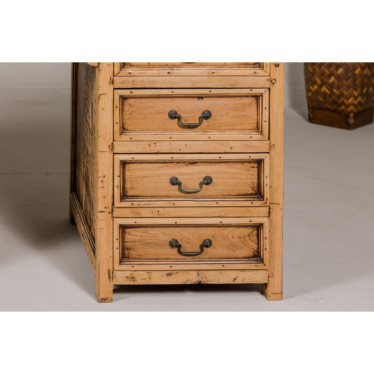 Teak Kneehole Desk with Eight Drawers and Custom Bleached Finish-11. Asian & Chinese Furniture, Art, Antiques, Vintage Home Décor for sale at FEA Home