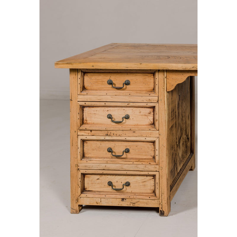 Teak Kneehole Desk with Eight Drawers and Custom Bleached Finish-YN7991-9. Asian & Chinese Furniture, Art, Antiques, Vintage Home Décor for sale at FEA Home