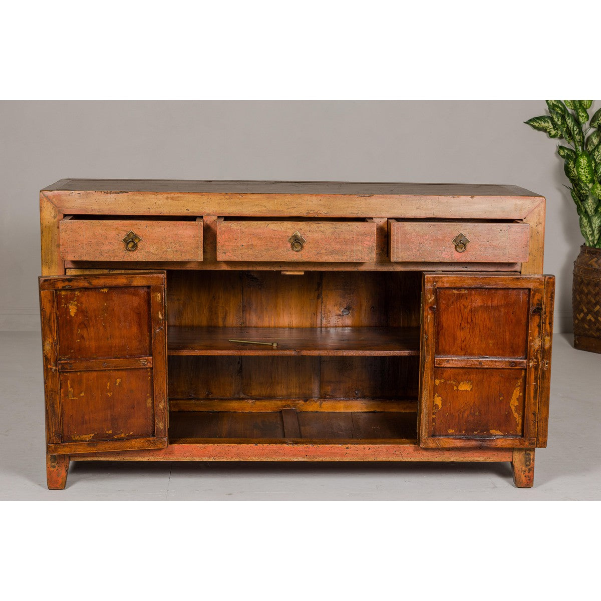 Qing Dynasty Painted Sideboard with Distressed Patina, Three Drawers, Two Doors-11. Asian & Chinese Furniture, Art, Antiques, Vintage Home Décor for sale at FEA Home