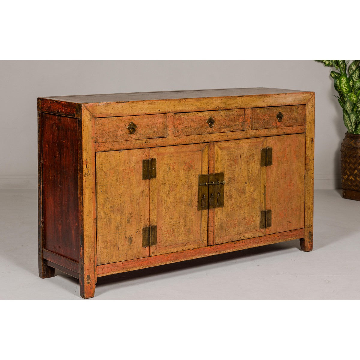 Qing Dynasty Painted Sideboard with Distressed Patina, Three Drawers, Two Doors-12. Asian & Chinese Furniture, Art, Antiques, Vintage Home Décor for sale at FEA Home