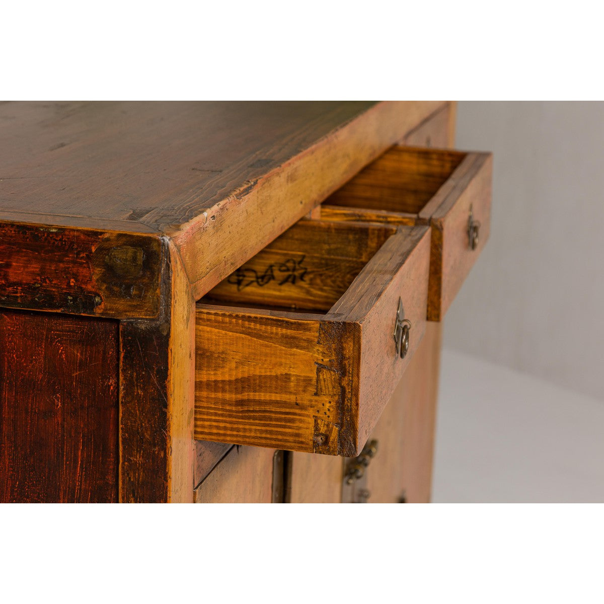 Qing Dynasty Painted Sideboard with Distressed Patina, Three Drawers, Two Doors-13. Asian & Chinese Furniture, Art, Antiques, Vintage Home Décor for sale at FEA Home