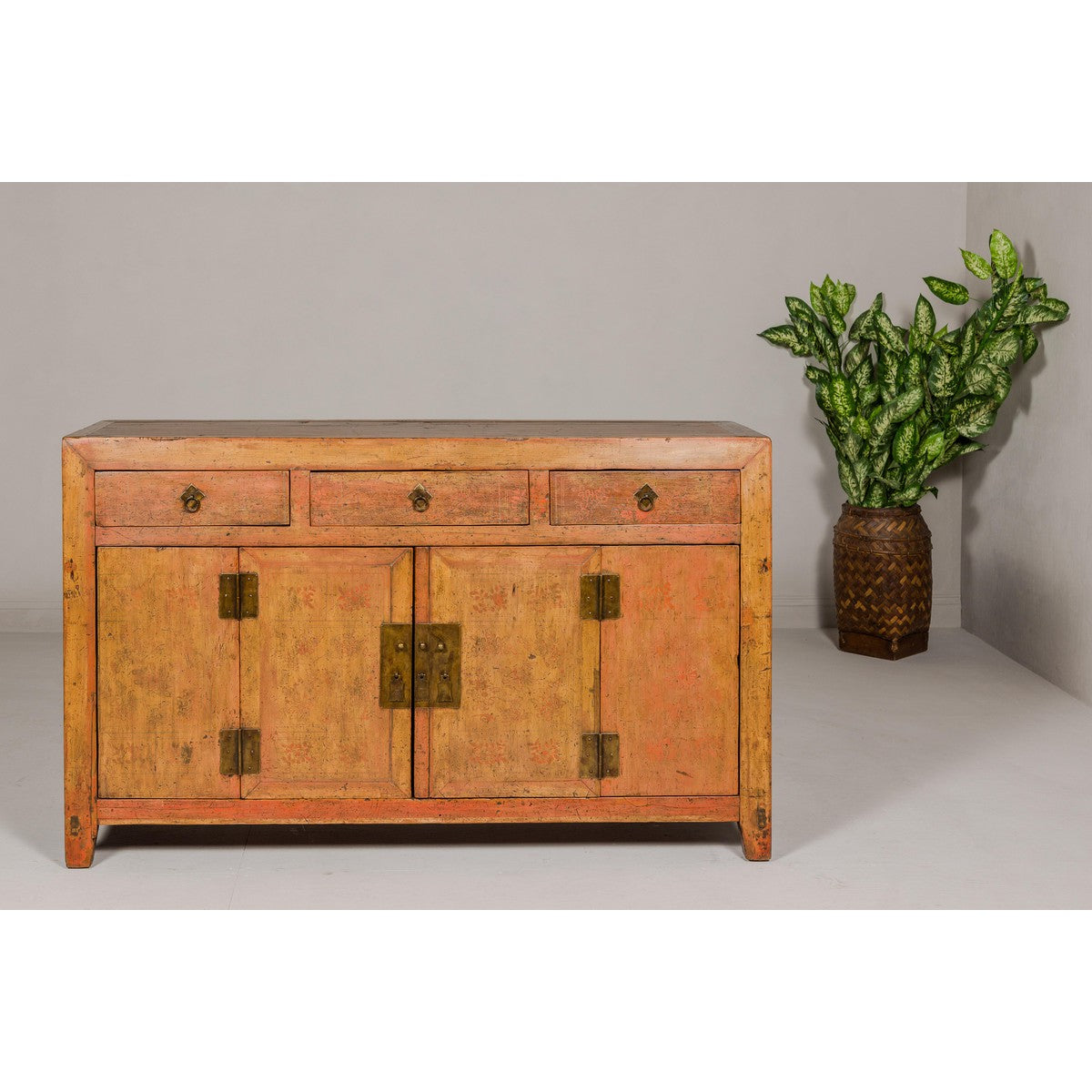 Qing Dynasty Painted Sideboard with Distressed Patina, Three Drawers, Two Doors-4. Asian & Chinese Furniture, Art, Antiques, Vintage Home Décor for sale at FEA Home