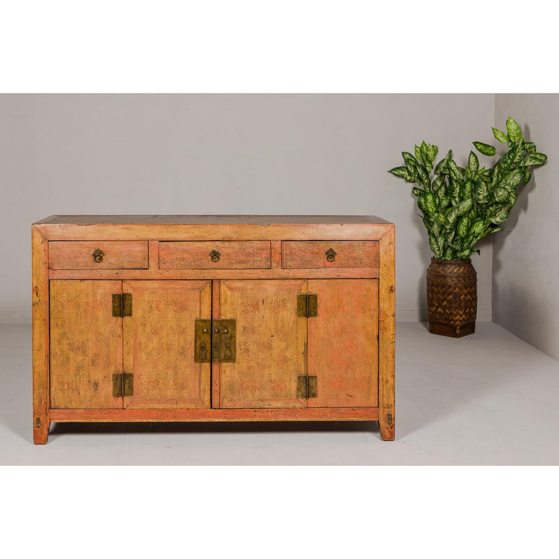 Qing Dynasty Painted Sideboard with Distressed Patina, Three Drawers, Two Doors-YN7994-4. Asian & Chinese Furniture, Art, Antiques, Vintage Home Décor for sale at FEA Home
