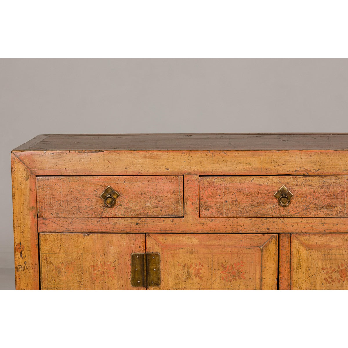 Qing Dynasty Painted Sideboard with Distressed Patina, Three Drawers, Two Doors-5. Asian & Chinese Furniture, Art, Antiques, Vintage Home Décor for sale at FEA Home