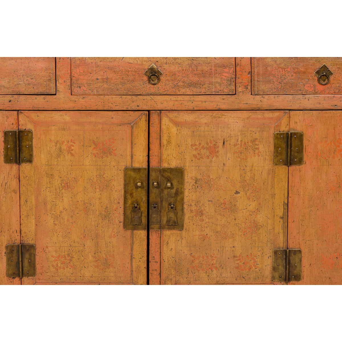 Qing Dynasty Painted Sideboard with Distressed Patina, Three Drawers, Two Doors-7. Asian & Chinese Furniture, Art, Antiques, Vintage Home Décor for sale at FEA Home