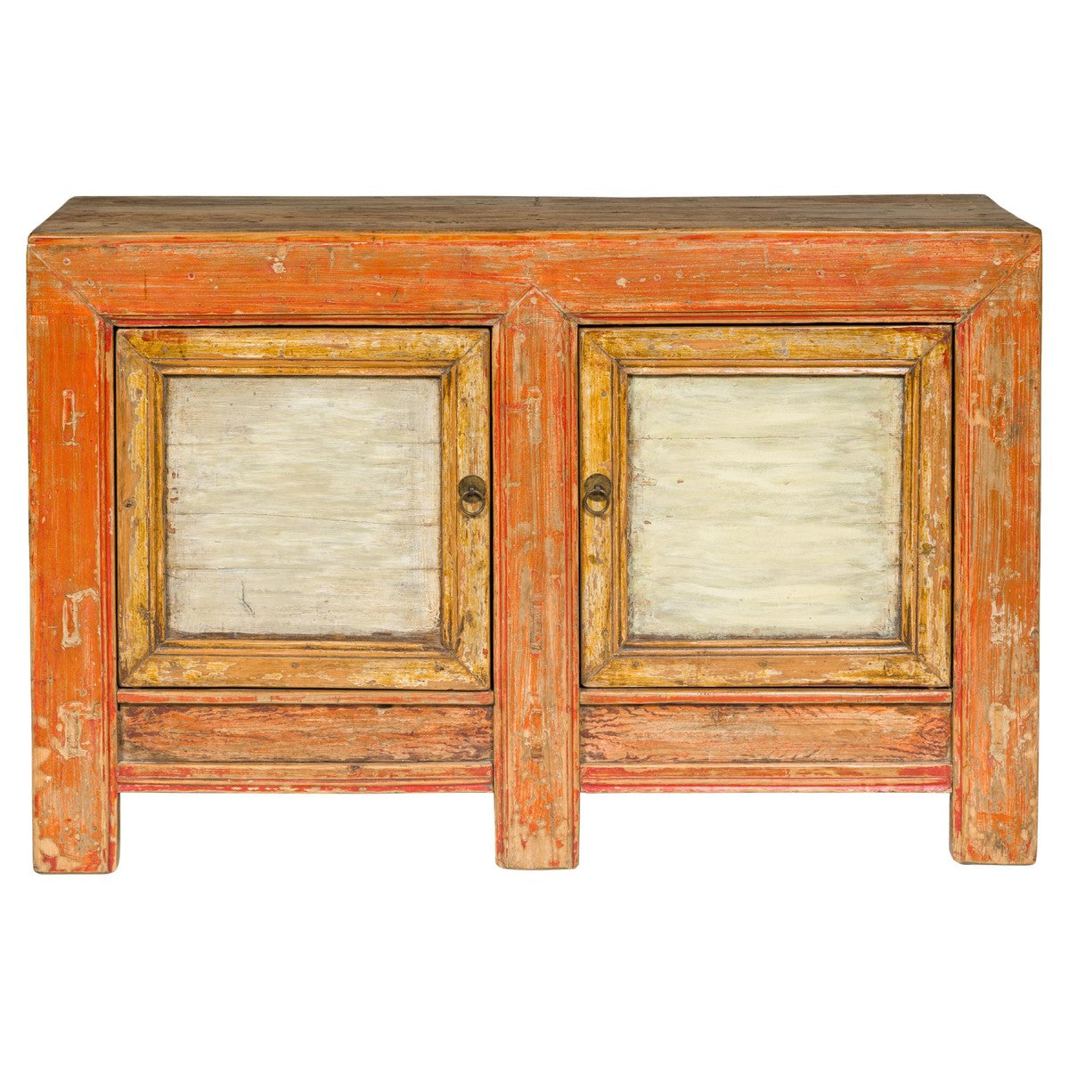 Country Style Painted Two-Door Buffet with Distressed Orange and Off-White Color-1. Asian & Chinese Furniture, Art, Antiques, Vintage Home Décor for sale at FEA Home