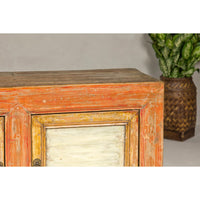 Country Style Painted Two-Door Buffet with Distressed Orange and Off-White Color