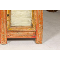 Country Style Painted Two-Door Buffet with Distressed Orange and Off-White Color