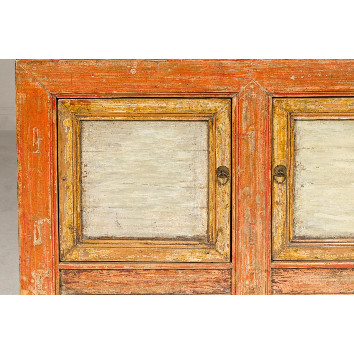 Country Style Painted Two-Door Buffet with Distressed Orange and Off-White Color-14. Asian & Chinese Furniture, Art, Antiques, Vintage Home Décor for sale at FEA Home