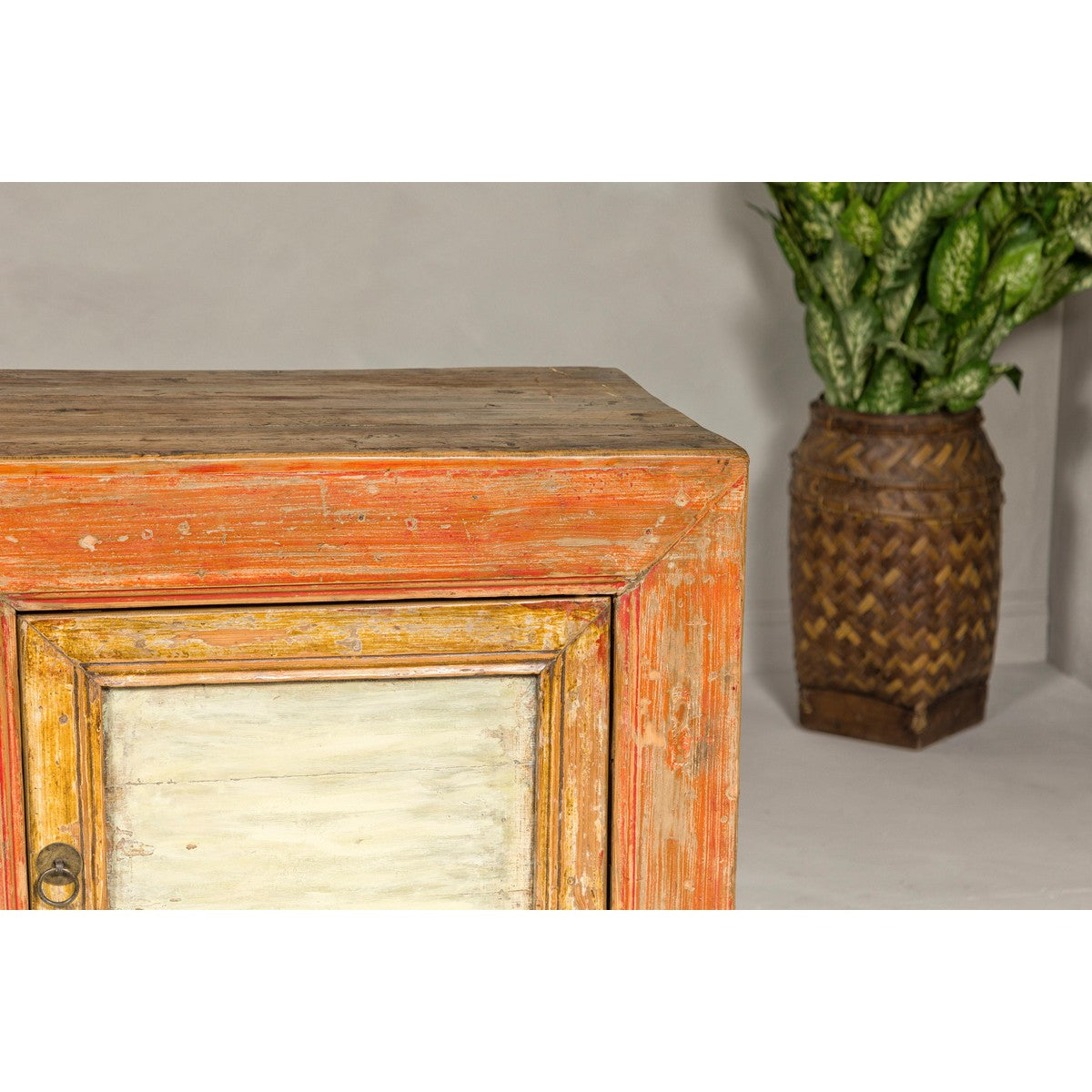 Country Style Painted Two-Door Buffet with Distressed Orange and Off-White Color-15. Asian & Chinese Furniture, Art, Antiques, Vintage Home Décor for sale at FEA Home