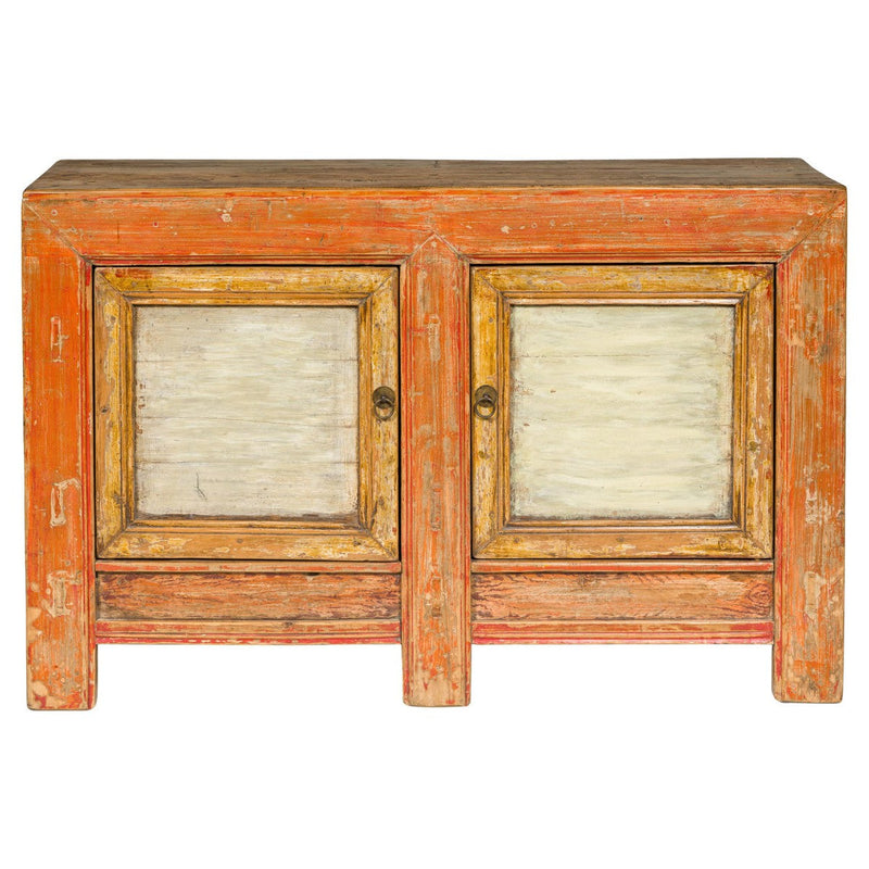 Country Style Painted Two-Door Buffet with Distressed Orange and Off-White Color-YN7996-1. Asian & Chinese Furniture, Art, Antiques, Vintage Home Décor for sale at FEA Home
