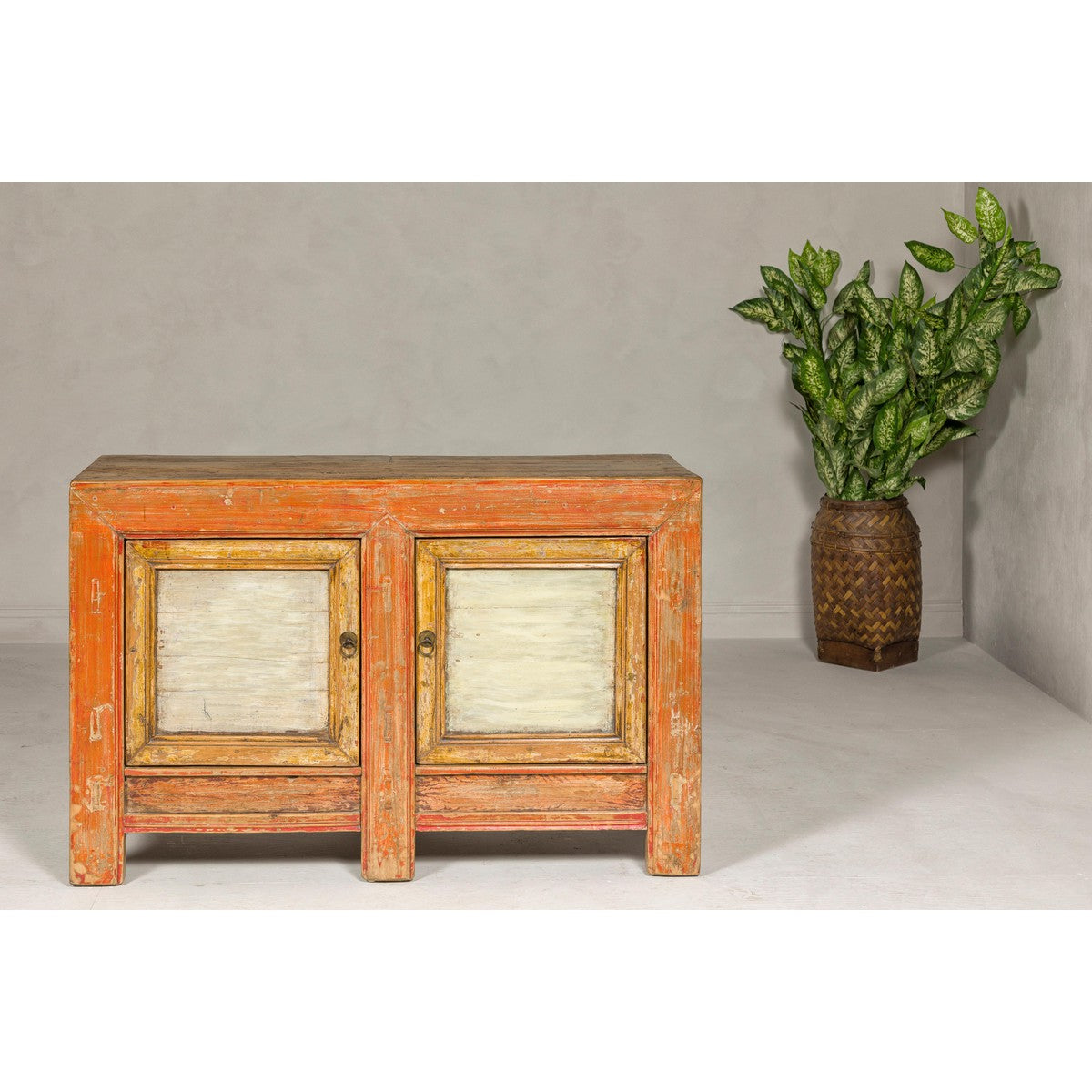 Country Style Painted Two-Door Buffet with Distressed Orange and Off-White Color-2. Asian & Chinese Furniture, Art, Antiques, Vintage Home Décor for sale at FEA Home