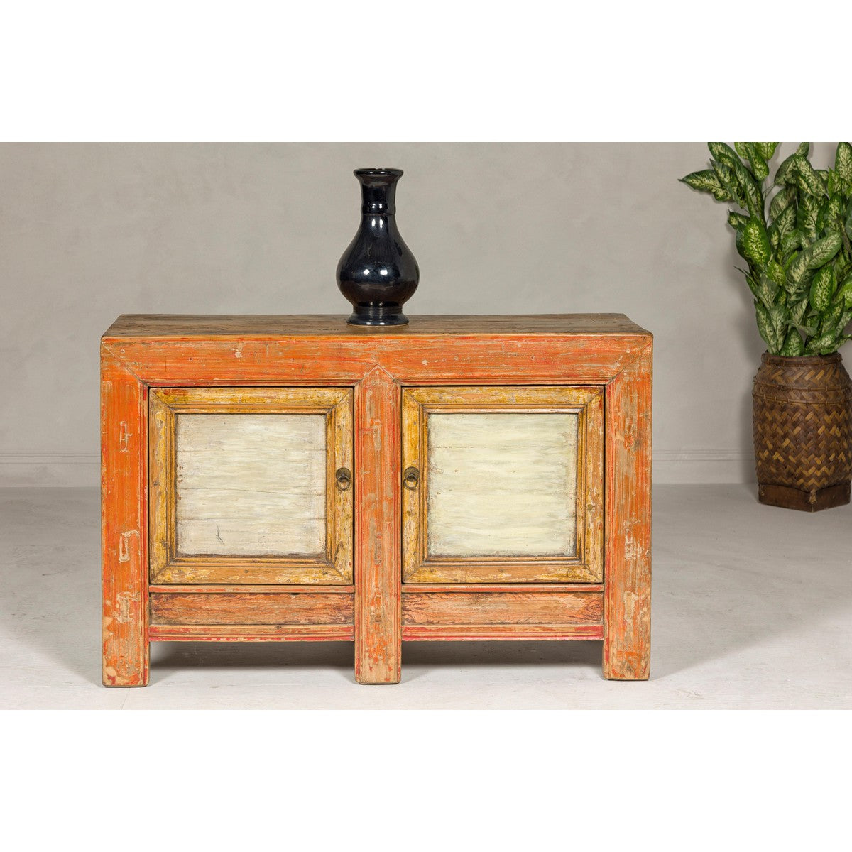 Country Style Painted Two-Door Buffet with Distressed Orange and Off-White Color-3. Asian & Chinese Furniture, Art, Antiques, Vintage Home Décor for sale at FEA Home