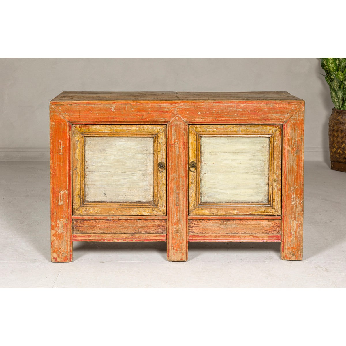 Country Style Painted Two-Door Buffet with Distressed Orange and Off-White Color-4. Asian & Chinese Furniture, Art, Antiques, Vintage Home Décor for sale at FEA Home