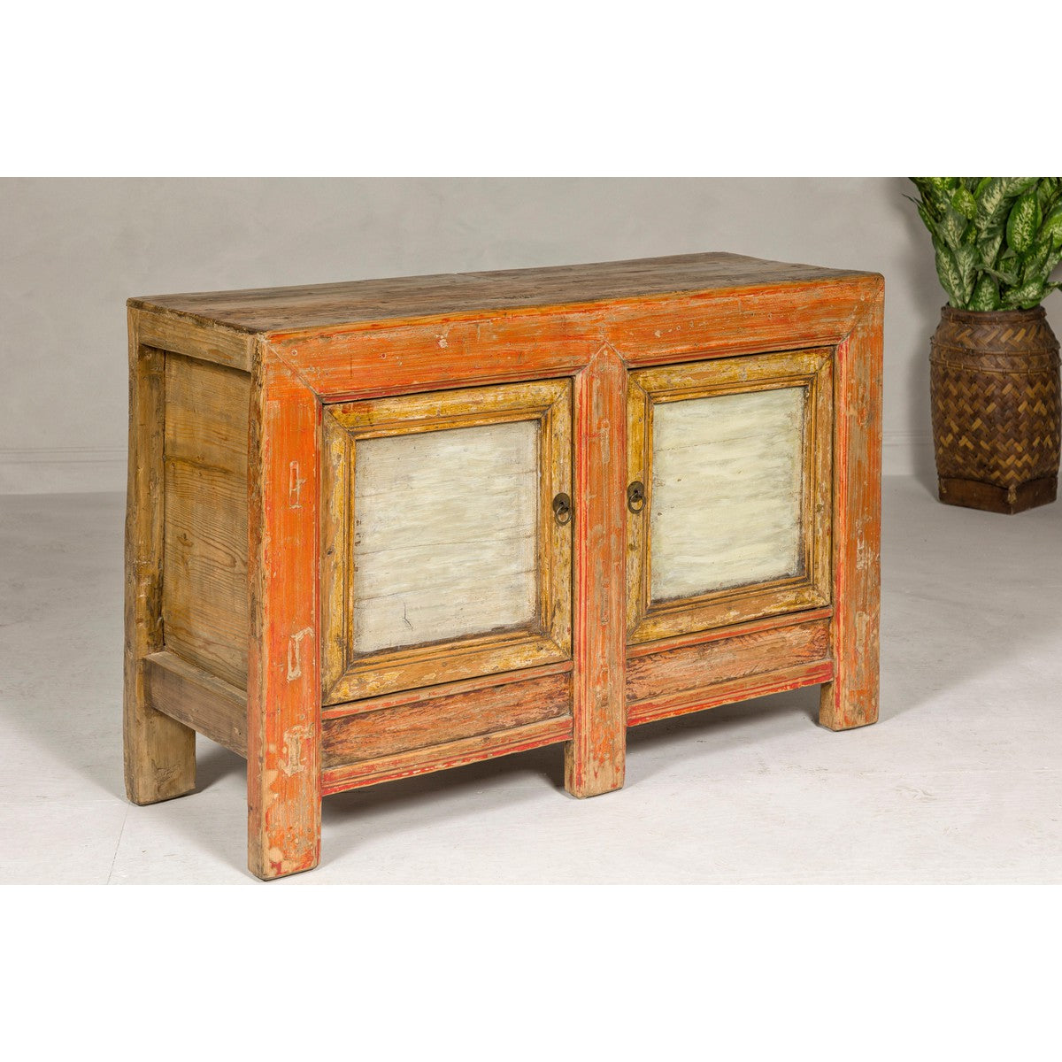 Country Style Painted Two-Door Buffet with Distressed Orange and Off-White Color-5. Asian & Chinese Furniture, Art, Antiques, Vintage Home Décor for sale at FEA Home