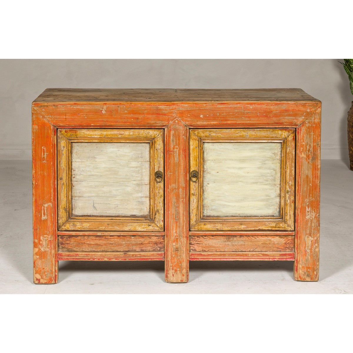 Country Style Painted Two-Door Buffet with Distressed Orange and Off-White Color-6. Asian & Chinese Furniture, Art, Antiques, Vintage Home Décor for sale at FEA Home