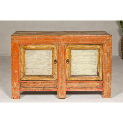 Country Style Painted Two-Door Buffet with Distressed Orange and Off-White Color-YN7996-6. Asian & Chinese Furniture, Art, Antiques, Vintage Home Décor for sale at FEA Home