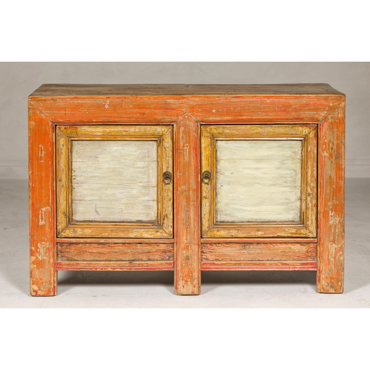 Country Style Painted Two-Door Buffet with Distressed Orange and Off-White Color-8. Asian & Chinese Furniture, Art, Antiques, Vintage Home Décor for sale at FEA Home